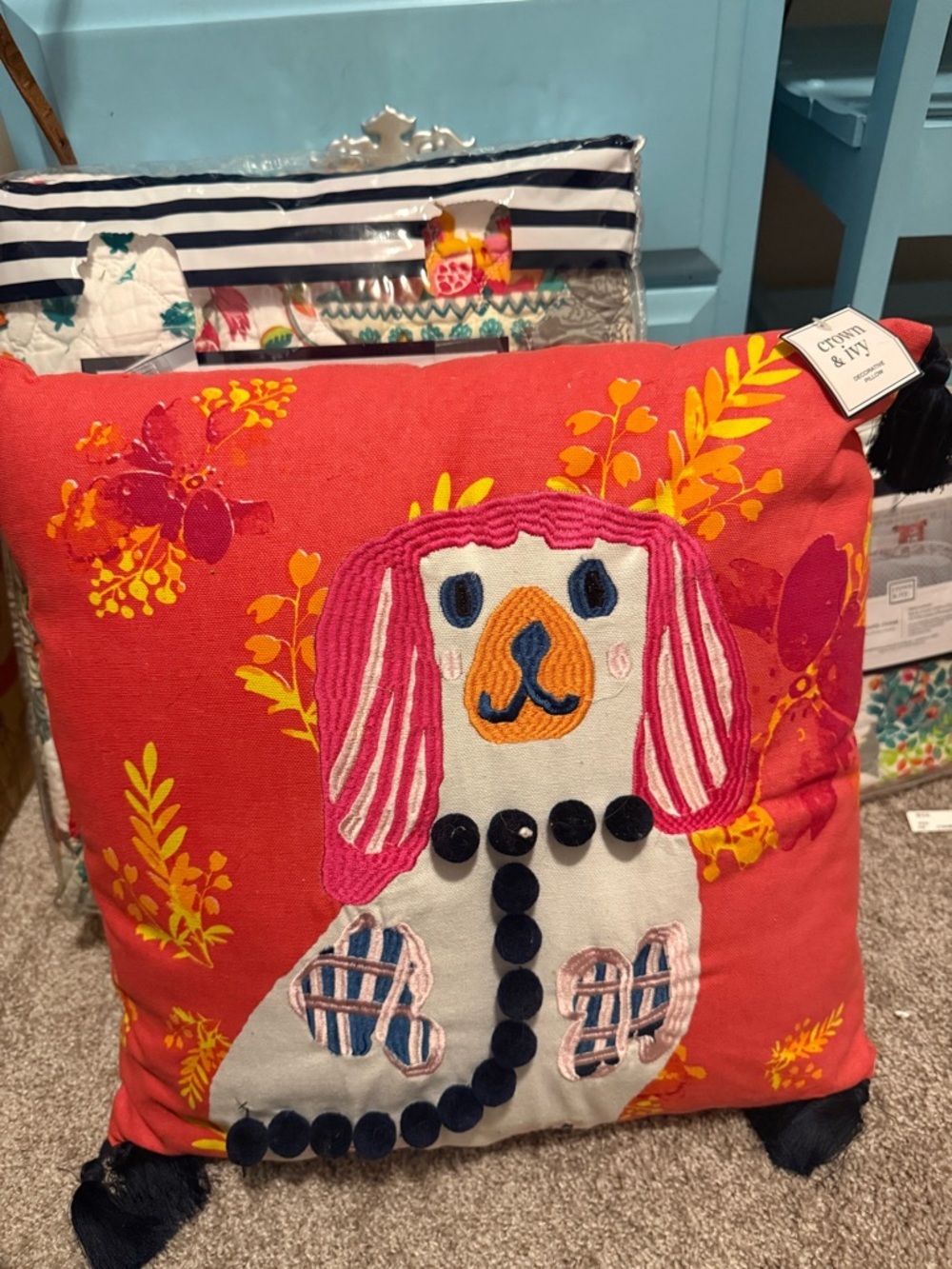 crown & ivy Coral Accent Pillow with Pink Dog Embroidery
